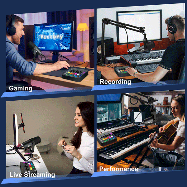 Gaming Audio Mixer, Streaming RGB PC Mixer with XLR Microphone Interface, Individual Control Volume Fader/Mute Button/48V Phantom Power for Podcast/Recording/Vocal/Game Voice, F11